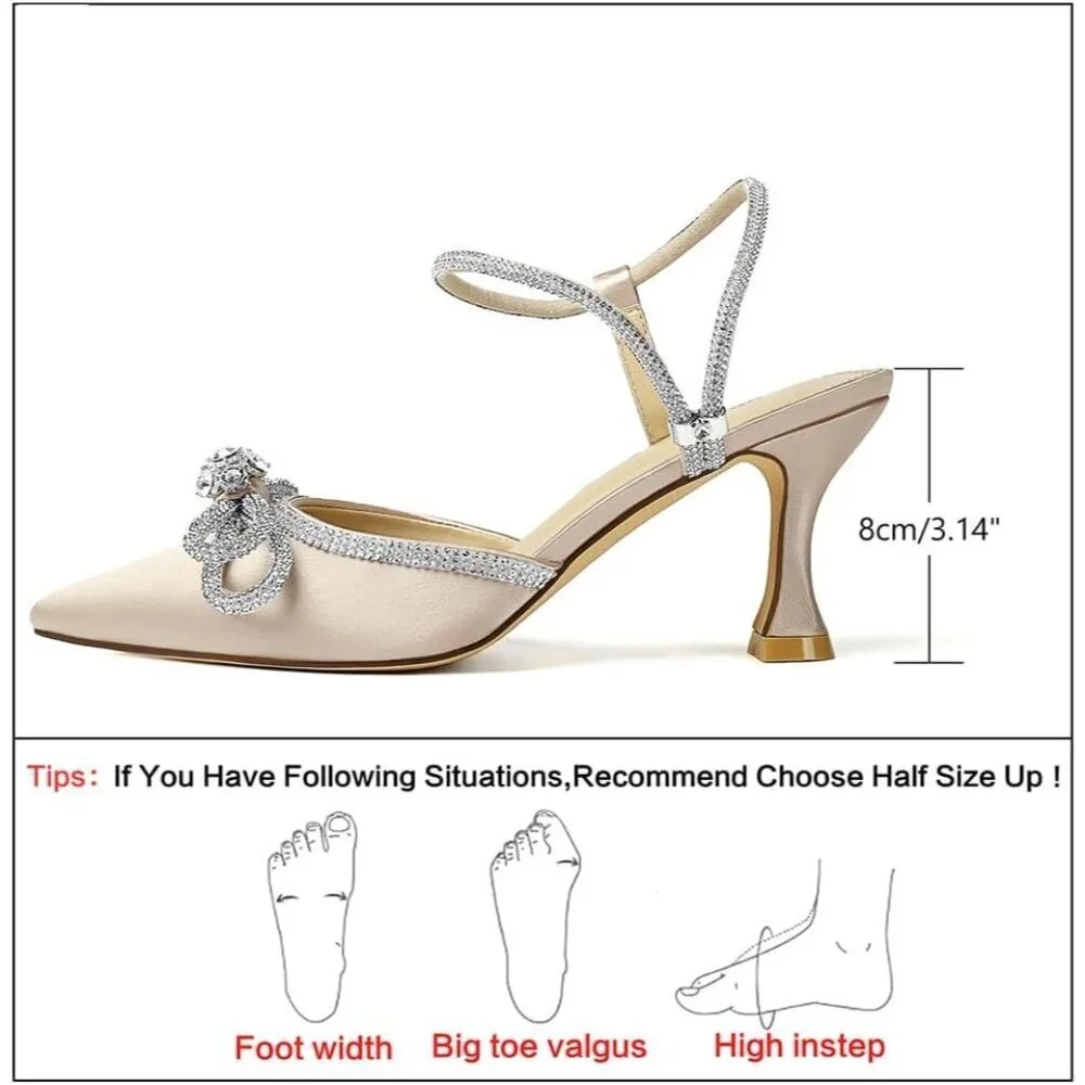 Women's Apricot Closed Toe Rhinestone Wedding Low Slingback Clear Kitten Heels